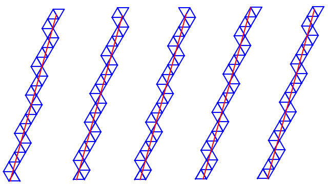 a series of trajectories, covered by equilateral triangle unfoldings; angle is constant at $1.3$ radians, while foot point is swept across base triangle's base side