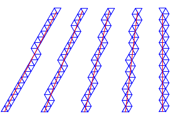 a series of trajectories, covered by equilateral triangle unfoldings; foot point is constant, while angle is varied in $(\pi/3,\pi/2]$