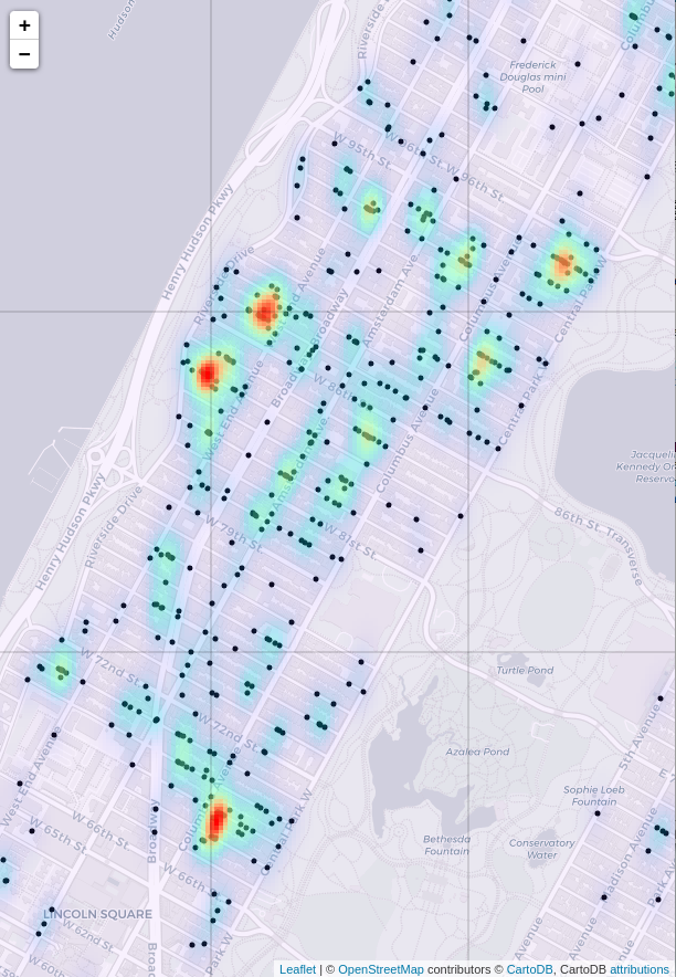 rodent sighting heatmap, closeup on Upper West Side